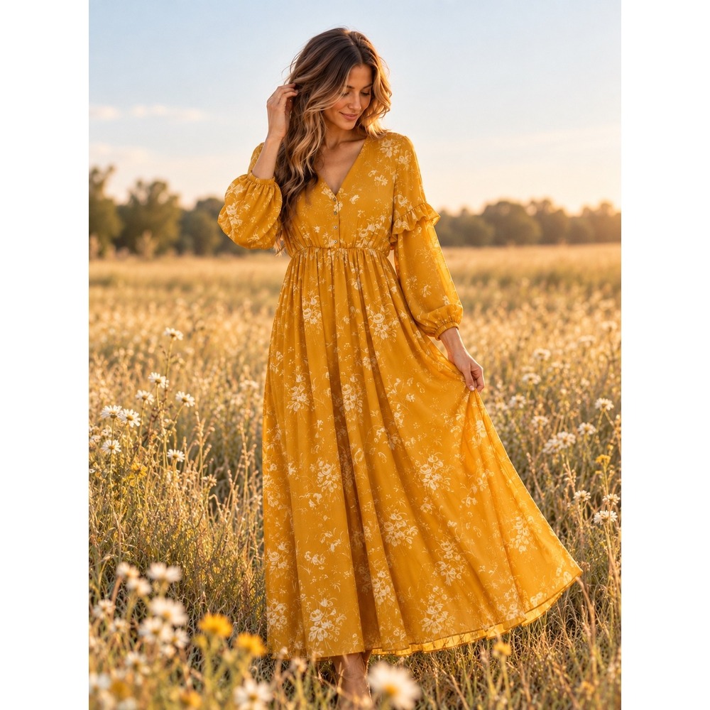 Madewell Fall Mustard Ruffle Sleeve Women's Dress Size 4 Cottagecore Prairie